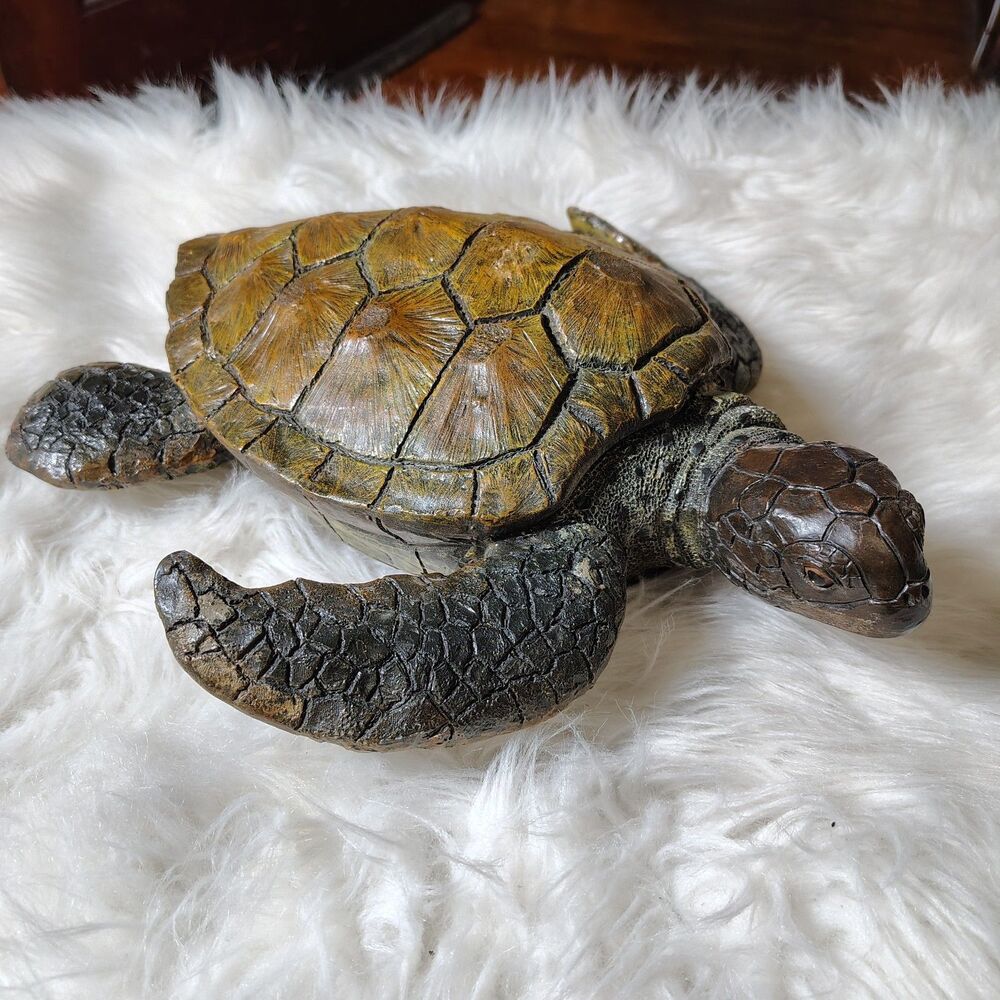Realistic 14" Decorative Sea Turtle Figure W Textured Brown & Dark Green Finish